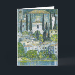 Church (Kirche) in Cassone by Gustav Klimt Card<br><div class="desc">Church in Cassone - Landscape with Cypresses (aka Kirche in Cassone - Landschaft mit Zypressen) (1913) by Gustav Klimt is a vintage Victorian Era Symbolism fine art painting featuring a church in the town of Cassone with surrounding stone buildings and cypress trees on the edge of Lake Garda in Italy....</div>