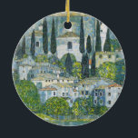 Church (Kirche) in Cassone by Gustav Klimt Ceramic Tree Decoration<br><div class="desc">Church in Cassone - Landscape with Cypresses (aka Kirche in Cassone - Landschaft mit Zypressen) (1913) by Gustav Klimt is a vintage Victorian Era Symbolism fine art painting featuring a church in the town of Cassone with surrounding stone buildings and cypress trees on the edge of Lake Garda in Italy....</div>