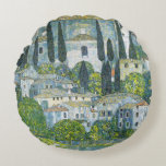 Church (Kirche) in Cassone by Gustav Klimt Round Cushion<br><div class="desc">Church in Cassone - Landscape with Cypresses (aka Kirche in Cassone - Landschaft mit Zypressen) (1913) by Gustav Klimt is a vintage Victorian Era Symbolism fine art painting featuring a church in the town of Cassone with surrounding stone buildings and cypress trees on the edge of Lake Garda in Italy....</div>
