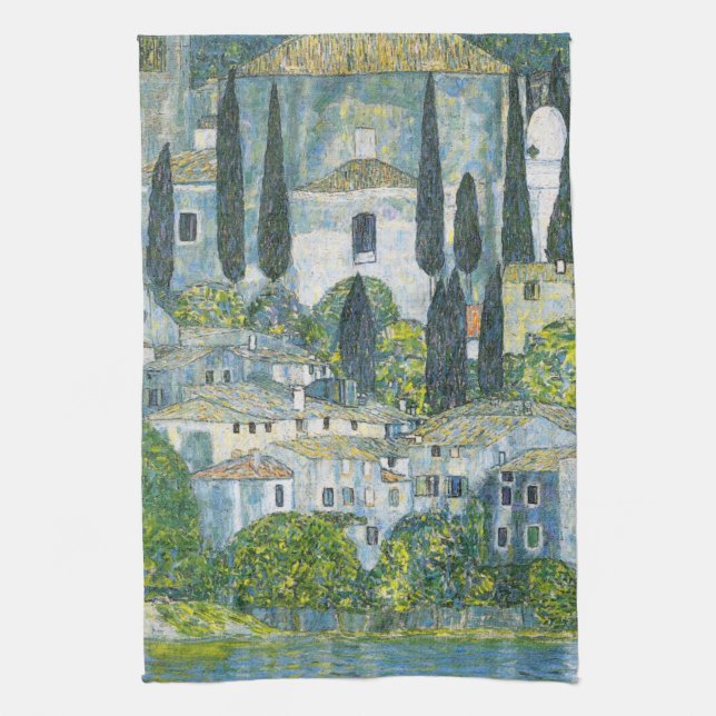 Church (Kirche) in Cassone by Gustav Klimt Tea Towel (Vertical)