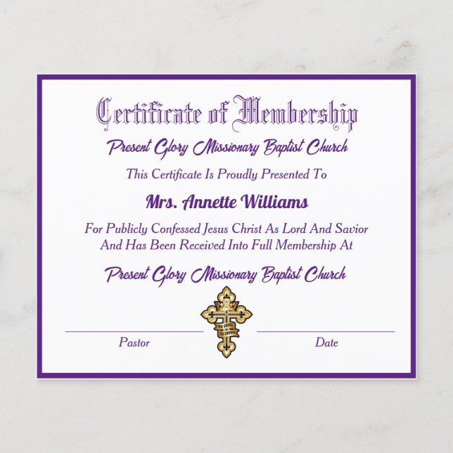 Church Membership Certificate (Front)