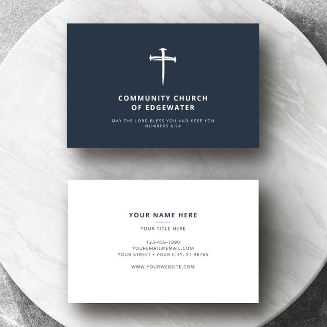 Church Minister Pastor Minimal Cross of Nails Navy Business Card (Creator Uploaded)