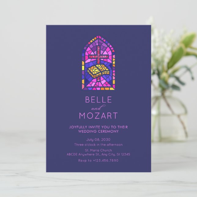 Church mosaic window cross bible wedding ceremony invitation (Standing Front)