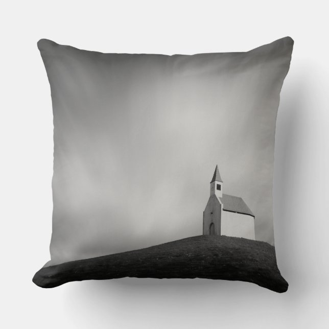 Church on a hill in black and white cushion (Front)