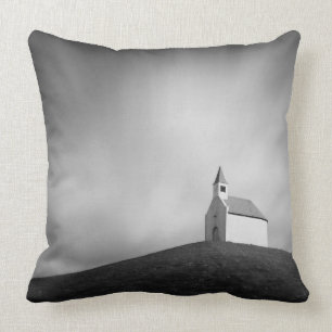 Church on a hill in black and white cushion
