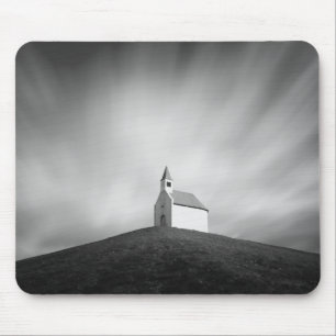 Church on a hill in black and white mouse mat
