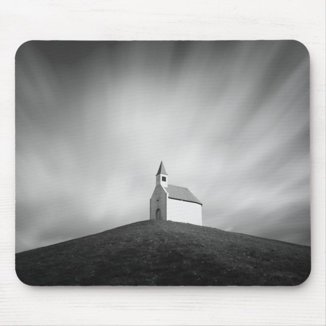 Church on a hill in black and white mouse mat (Front)