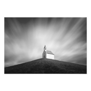 Church on a hill in black and white photo print
