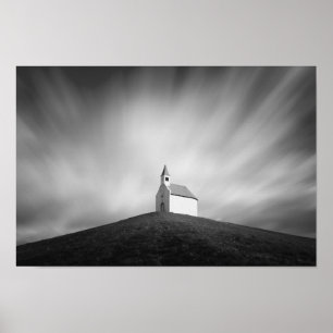 Church on a hill in black and white poster