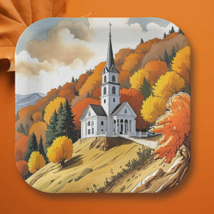 Church on a Hill in the Autumn Season Paper Plate