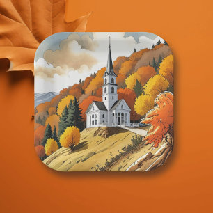 Church on a Hill in the Autumn Season Paper Plate