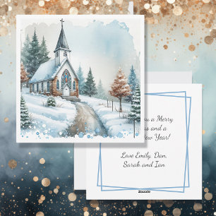 Church on a Winter Day Watercolor Christmas Holiday Card