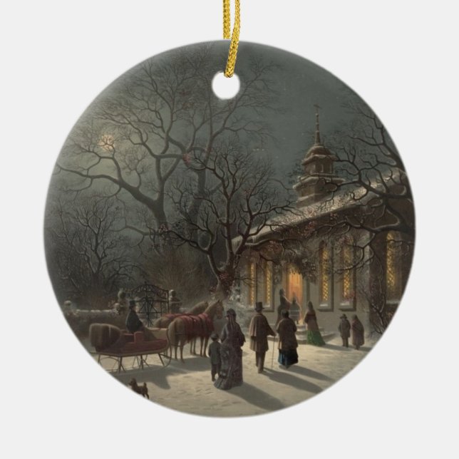 Church on Christmas Eve Ceramic Tree Decoration (Front)