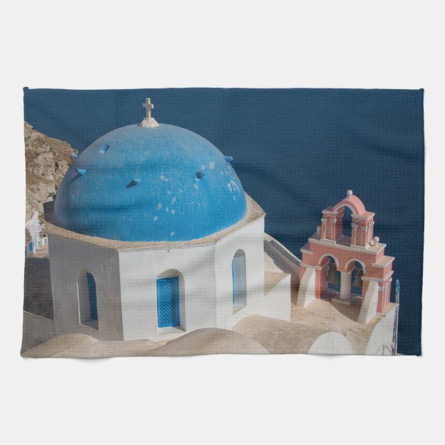 Church on the Island of Santorini, Greece Tea Towel (Horizontal)