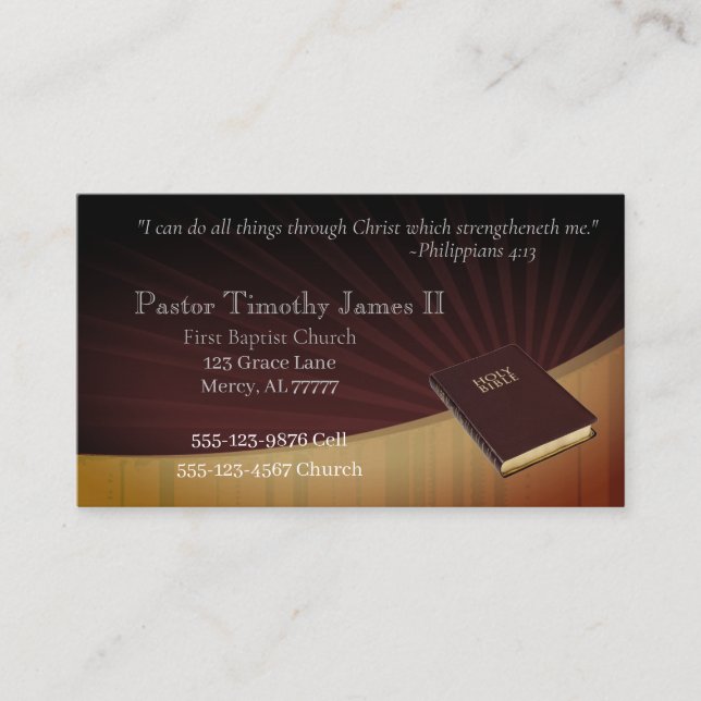 Church Pastor and Bible Business Card (Front)