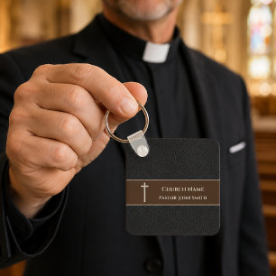 Church Pastor BLACK Leather Christian Key Ring