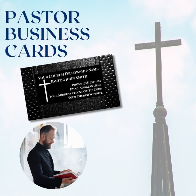 Church Pastor BLACK Leather Christian Magnetic Business Card (Modern Black on Black Version: Pastor Church Business Cards)