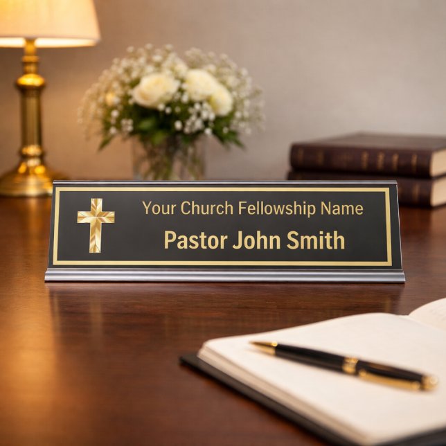 Church Pastor Classy Black  Desk Name Plate (The foil details are simulated in the artwork. No actual foil will be used in making this product.)