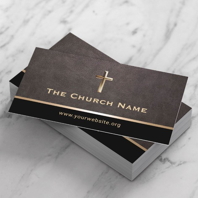 Church Pastor Elegant Leather Gold Holy Cross Business Card (Creator Uploaded)