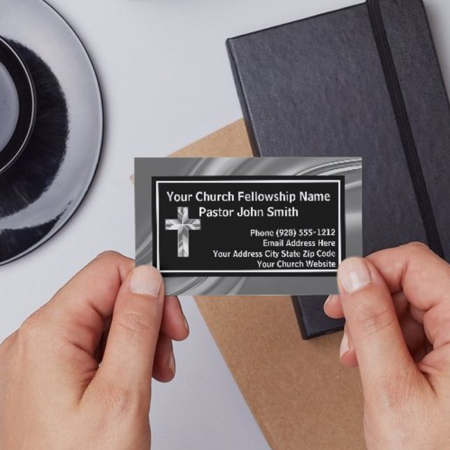 Church Pastor Elegant Silver And Black Business Card (Creator Uploaded)