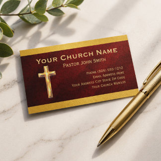 Church Pastor Gold Cross Red Business Cards