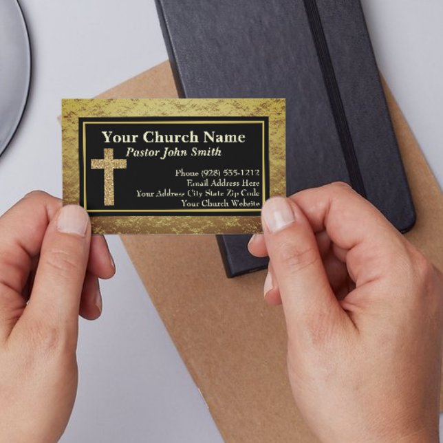 Church Pastor Gold Glitter Cross Business Cards (Creator Uploaded)