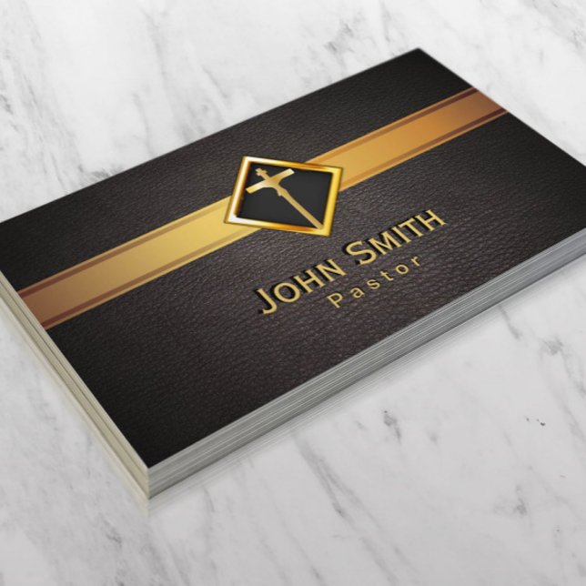 Church Pastor Minister Gold Cross Elegant Leather Business Card (Creator Uploaded)