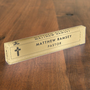 Church Pastor Minister Modern Minimal Cross Gold Nameplate