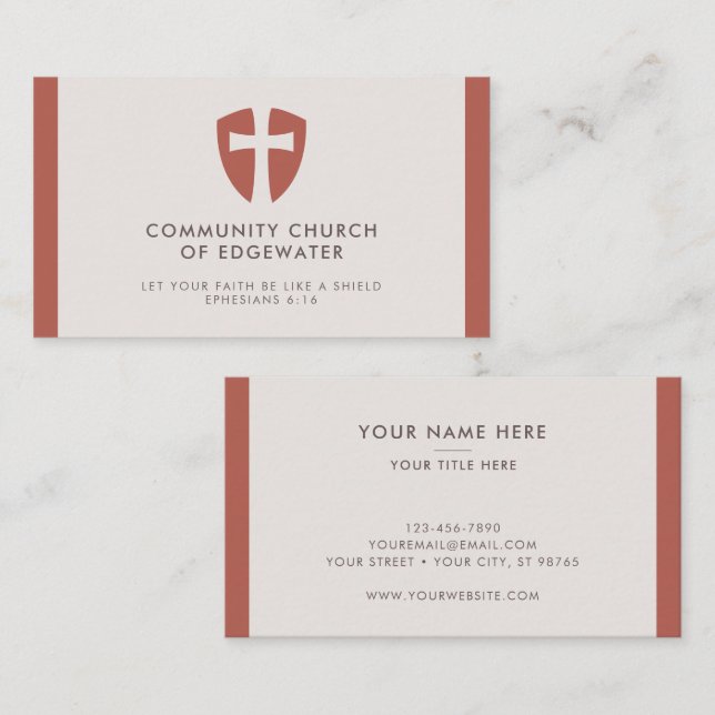 Church Pastor Modern Armour Cross Shield Terracott Business Card (Front/Back)