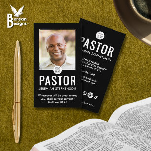 Church Pastor Modern Black Photo QR Logo Business Card