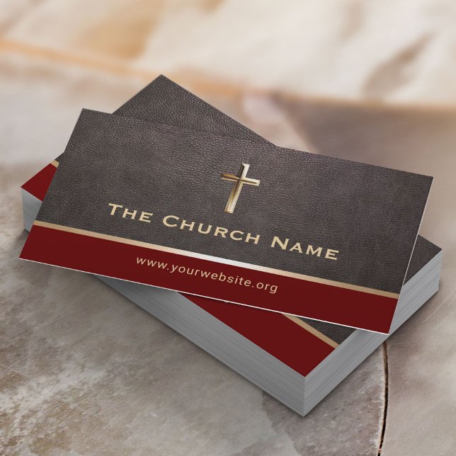 Church Pastor Modern Leather Gold Holy Cross Business Card (Creator Uploaded)