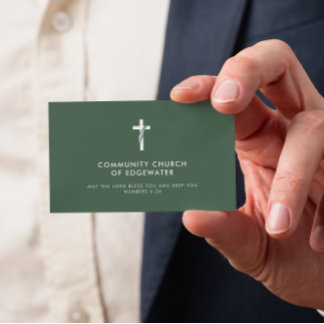 Church Pastor Modern Minimal Cross Faith Green Business Card