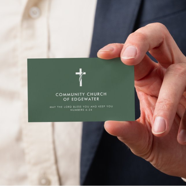 Church Pastor Modern Minimal Cross Faith Green Business Card (Creator Uploaded)