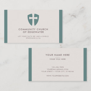 Church Pastor Modern Minimal Cross Shield Green Business Card