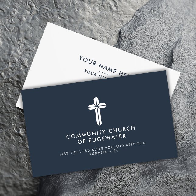 Church Pastor Modern Minimal Religious Cross Navy Business Card (Creator Uploaded)