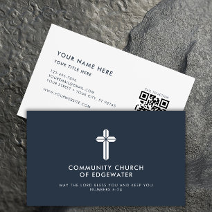 Church Pastor Modern QR code Religious Cross Navy Business Card