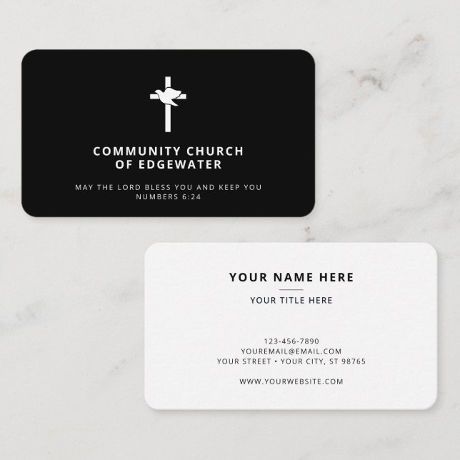 Church Pastor Modern Religious Cross Dove Black Business Card (Front/Back)