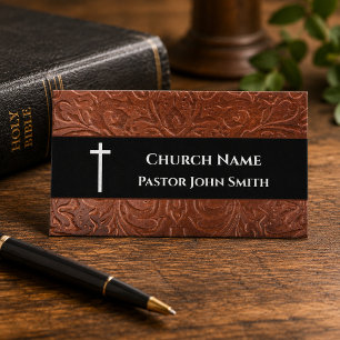 Church Pastor Rustic Leather Black Christian Business Card