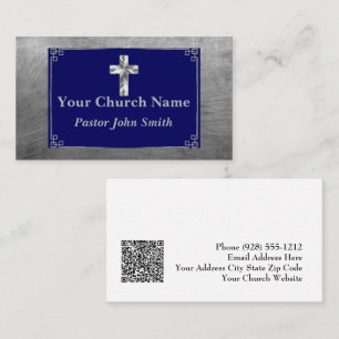 Church Pastor Silver Blue Cross Elegant Border Business Card