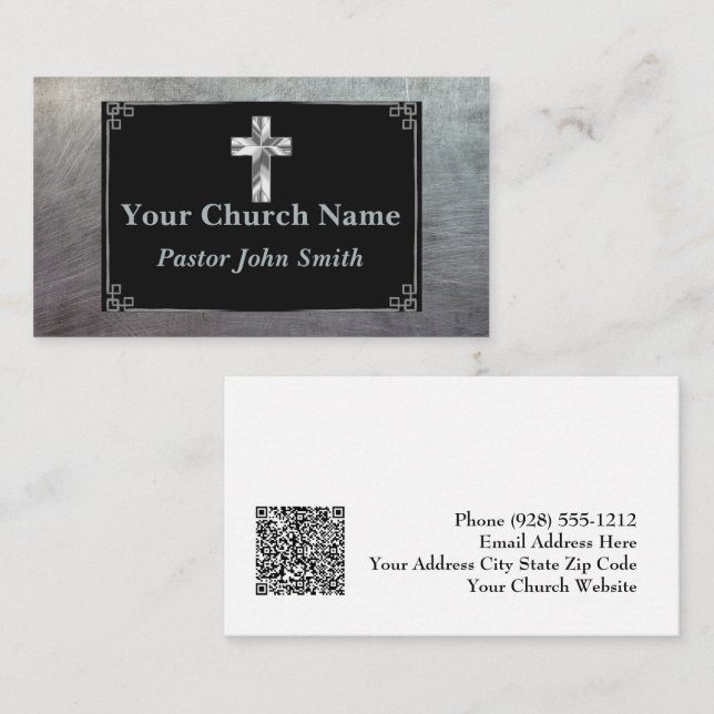 Church Pastor Silver Cross Elegant Border Business Card (Front/Back)