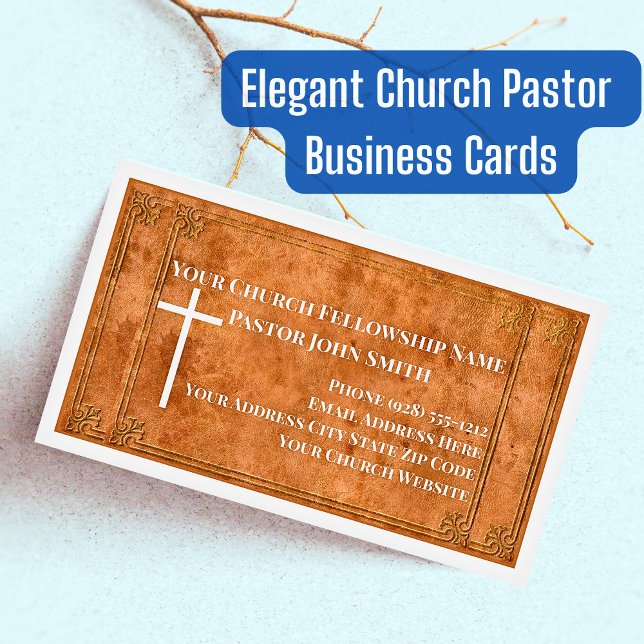 Church Pastor Stamped Leather Elegant Christian Magnetic Business Card (Elegant Church Pastor Business Cards)