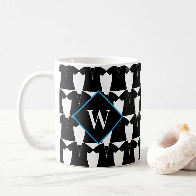 Church Priest Pastor Black Cassock Monogram Coffee Mug (With Donut)