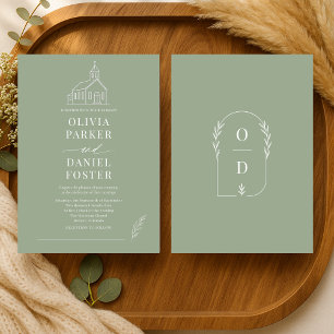 Church Religious Sage Green Line Art Wedding Invitation