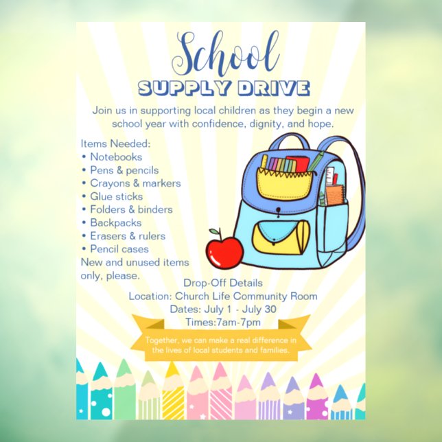 Church School Supply Drive Donation backpack Window Cling (Sheet 3)