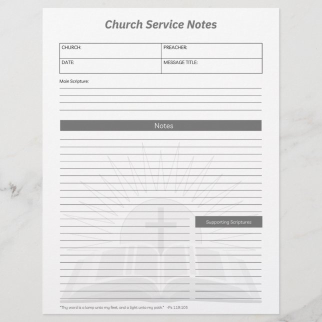 Church  Service Christian Bible Notes Grey Custom Letterhead (Front)