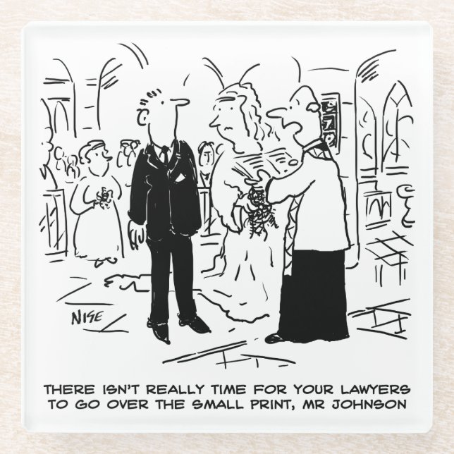 Church Service Wedding Vicar Says No to Lawyers Glass Coaster (Front)