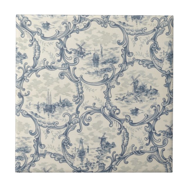 Church & Ships,Windmill & Boats,Delft-inspired Tile (Front)