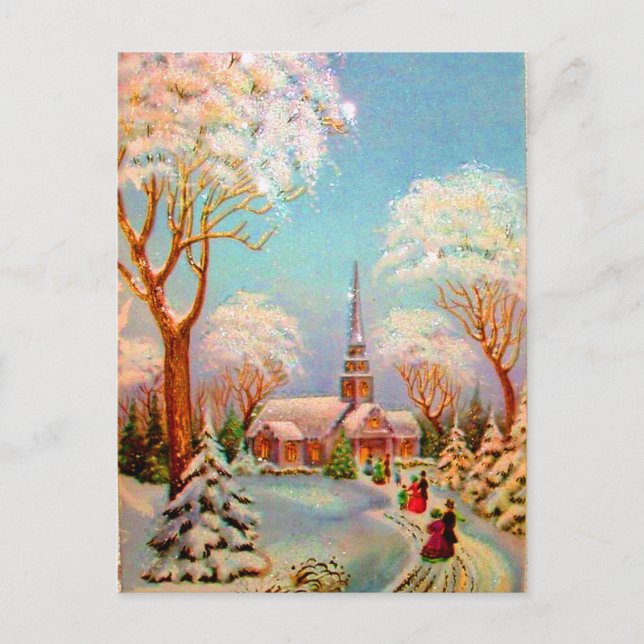 Church Snow Scene Vintage Art Postcard (Front)