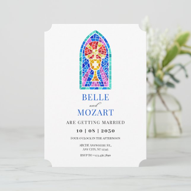 Church stained glass holy grail art wedding invitation (Standing Front)