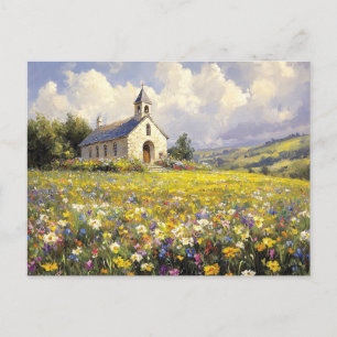 Church Surrounded By Wildflowers Painting Postcard